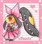  blush bow bowtie character_name clothed_pokemon dress drop_shadow gen_3_pokemon hair_ornament hand_on_hip heart heart_background heart_tattoo mawile no_humans pink_background pinkmaggot pokemon pokemon_(creature) solo striped striped_background tattoo tsundere 