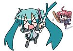  &gt;_&lt; baguette blush blush_stickers bread chibi_miku closed_eyes crossover drill_hair food hatsune_miku kasane_teto minami_(colorful_palette) multiple_girls running spring_onion thighhighs twin_drills twintails utau vocaloid 