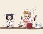  animal_ears apron bad_id bad_pixiv_id blonde_hair blue_hair cat_ears closed_eyes curry eating fang food fukuji_mihoko hair_ornament hairclip ikeda_kana kazekoshi_school_uniform kt2 ladle multiple_girls pot rice_cooker saki school_uniform smile translated 