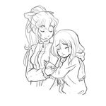  bow closed_eyes eyebrows eyebrows_visible_through_hair greyscale hair_bow ikezawa_hanako katawa_shoujo long_hair long_sleeves monochrome multiple_girls non-web_source pimmy ponytail satou_lilly scarf simple_background sketch 