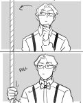 bow_tie clothed clothing comic digital_media_(artwork) edward_(starfleetrambo) eyewear glasses hair hi_res human human_only male mammal monochrome not_furry rope shirt siren_and_scientist sketch solo starfleetrambo suspension topwear