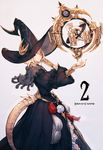 astrologian_(final_fantasy) au_ra card dress final_fantasy final_fantasy_xiv grey_background hat highres jewelry junwool looking_at_viewer puffy_sleeves ring short_hair simple_background solo tail thumb_ring witch_hat 