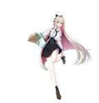  1girl :d adjusting_clothes adjusting_shoe ankle_socks aqua_bag bag belt black_belt black_bow black_socks block_heels blonde_hair blue_necktie blunt_ends bow breasts brown_shoes button_gap buttons closers collared_shirt colored_inner_hair diagonal-striped_clothes diagonal-striped_necktie double-breasted ear_piercing earrings full_body hair_bow high-waist_skirt highres jewelry large_breasts leg_up long_hair long_sleeves looking_at_viewer miniskirt multicolored_hair necktie open_mouth piercing red_eyes red_hair shirt shoes shopping_bag shoulder_bag skirt smile socks solo standing standing_on_one_leg striped_clothes suspender_skirt suspenders suspenders_slip very_long_hair wallet_chain white_background white_shirt yoon_ria_(closers) 