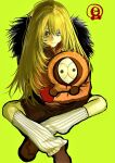  1girl character_doll doll expressionless fur-trimmed_jacket fur_trim genderswap genderswap_(mtf) gloves green_background highres indian_style jacket kenny_mccormick leg_warmers long_hair looking_at_viewer orange_jacket red_gloves sitting solo south_park takonikuuuuu 