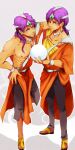  2boys abs arm_around_shoulder arm_on_another's_shoulder ball black_pants bracelet brothers chakoji circlet commentary_request crystal_ball dragon_quest dragon_quest_iv ear_piercing forehead_jewel full_body gem genderswap genderswap_(ftm) green_gem hand_on_own_hip highres holding holding_ball holding_orb jewelry light_frown long_hair looking_at_viewer low_ponytail manya_(dq4) minea_(dq4) multiple_boys muscular muscular_male neck_ring nipples orange_tunic orb pants pectorals piercing ponytail purple_eyes purple_hair ring sandals siblings silver_circlet smile standing standing_on_one_leg tunic 
