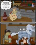 1_horn 2_toes 2koma ambiguous_gender anthro armor barrel beard beret big_teats black_hair blue_body blue_eyes blue_fur blue_markings bodily_fluids boots bottle bowl breast_milking brown_markings bucket butter_churn cabinet capcom chef_hat claws clothed clothing comic container counter detailed_background dipstick_tail door duo english_text equid equine facial_hair facial_markings facial_scar feet felid felyne female female_feral feral fetlocks floor footprint footwear forehead_horn fur furniture gauntlets gloves group hair hand_on_teats handwear hat head_markings headgear headwear helmet hi_res holding_object holemann horn human hunter inside kerchief kirin_(mh) knife lactating looking_at_another lynian male mammal mane markings menu metal_armor milk milk_bucket milk_container monster_hunter muzzle_(marking) mythological_creature mythological_equine mythology neckerchief neckwear pauldron pawprint pointy_ears ponytail prick_ears rear_view red_clothing red_eyes red_headwear scar shelf shoes side_view sitting snout standing stone_floor stone_wall stool striped_markings stripes table tail tail_markings tan_body tan_fur tan_skin teats text thought_bubble toe_claws toes trio unicorn unicorn_horn visor wall_(structure) white_body white_fur white_mane white_tail wood wood_floor