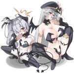  alternate_costume arm_behind_back arm_support asymmetrical_gloves bat_hair_ornament bikini black_bikini black_gloves black_hat blue_archive boots breasts brown_halo cleavage commentary_request demon_horns demon_wings detached_collar elbow_gloves eri_(blue_archive) eyeball_hair_ornament fellatio_gesture fingerless_gloves flat_chest full_body gloves grey_hair hair_ornament hair_over_one_eye halo handjob_gesture hat horns kanoe_(blue_archive) large_breasts long_hair looking_at_viewer mismatched_gloves multicolored_eyes ok_sign open_mouth oral_invitation peaked_cap samesann sexually_suggestive side_halo side_ponytail single_horn smile spread_legs squatting strapless strapless_bikini swimsuit thigh_boots thigh_strap tilted_halo tongue tongue_out translation_request two-tone_eyes white_background wings 