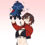  1girl ahichiru ahoge black_hair blue_hair character_doll colored_inner_hair cropped_jacket doll earrings floating_earrings gloves hair_between_eyes heart highres jacket jewelry lawine_(strinova) ming_(strinova) multicolored_hair multiple_girls red_hair red_jacket short_hair simple_background smile strapless strinova tube_top white_tube_top 