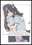  2girls animal_ears bang_dream! bang_dream!_it's_mygo!!!!! biting biting_neck black_hair blue_shirt blush brown_hair closed_eyes commentary dog_ears dog_girl dog_tail ear_blush fang hanasakigawa_school_uniform hashtag-only_commentary highres hug jenjen long_hair multiple_girls pleated_skirt sailor_collar school_uniform shiina_taki shirt skirt tail white_sailor_collar white_skirt yahata_umiri yuri 