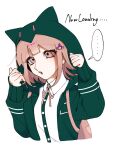  ... 1girl :o backpack bag brown_hair collared_shirt commentary danganronpa_(series) danganronpa_2:_goodbye_despair english_commentary flipped_hair hair_ornament hood hood_up jacket long_sleeves medium_hair nanami_chiaki nanase_1005 neck_ribbon open_clothes open_jacket pink_bag pink_eyes pink_ribbon ribbon shirt solo white_shirt 