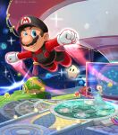  1girl absurdres black_luma blonde_hair blue_eyes blue_luma comet comet_observatory crown dress earrings flying grass green_luma hair_over_one_eye highres jewelry luma_(mario) map mario mario_(series) multiple_others red_luma rosalina sasaki_sakiko sign star_(sky) star_(symbol) star_earrings super_mario_galaxy twitter_username wand 