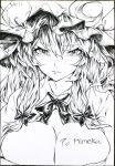  1girl absurdres bow breasts cleavage closed_mouth commentary_request crescent crescent_hat_ornament greyscale hair_bow hat hat_ornament highres joker_(stjoker) large_breasts long_hair looking_at_viewer mob_cap monochrome patchouli_knowledge sidelocks signature solo touhou traditional_media upper_body 