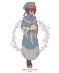  1boy animal_on_shoulder beret bird bird_on_shoulder blue_capelet blue_dress blue_hat brown_hair capelet closed_eyes closed_mouth dated dress full_body gundam gundam_seed hair_between_eyes hat highres kira_yamato light_smile male_focus merry_christmas non-humanoid_robot robot robot_animal robot_bird seed0x0 short_hair simple_background snowflakes solo torii_(gundam) white_background wide_sleeves 