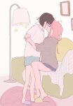  2girls alien_stage aqua_shorts black_hair black_shorts blush brown_hoodie closed_eyes coldmeow couch heart highres hood hoodie kiss lamp long_hair mizi_(alien_stage) multiple_girls on_couch pink_hair shirt short_hair shorts sitting slippers standing sua_(alien_stage) twitter_username white_shirt yuri 