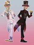  2boys absurdres adapted_costume black_gloves black_shoes brothers coattails commentary emmet_(pokemon) emmet_(special_costume)_(pokemon) english_commentary full_body gear_print gloves gradient_background grey_hair hat highres holding holding_pocket_watch ingo_(pokemon) ingo_(special_costume)_(pokemon) male_focus monocle multiple_boys official_alternate_costume one_eye_closed outline pocket_watch pokemon pokemon_masters_ex shoes siblings signature standing tailcoat top_hat tvheadfalls twins watch white_gloves white_outline white_shoes 