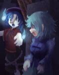  2girls black_skirt blue_hair blue_vest commentary_request garakuraku hat hat_ornament highres jiangshi long_sleeves miyako_yoshika multiple_girls ofuda open_mouth outstretched_arms purple_hat red_eyes red_shirt shirt skirt star_(symbol) star_hat_ornament surprised tatara_kogasa touhou vest zombie_pose 