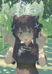  1girl :d absurdres animal_ears black_dress black_hair blue_archive blunt_bangs blush china_dress chinese_clothes chinese_commentary claw_pose commentary_request dappled_sunlight doodle_sensei_(blue_archive) dress extra_ears green_eyes hair_ornament halo hands_up highres long_hair looking_at_viewer open_mouth outdoors road_sign sensei_(blue_archive) short_sleeves shun_(blue_archive) shun_(small)_(blue_archive) sign smile solo sunlight tiger_ears tiger_girl tree_shade twintails upper_body xiaohatie 