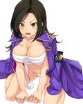  between_thighs black_hair blush breasts cleavage idolmaster idolmaster_cinderella_girls jacket_on_shoulders large_breasts long_hair mirai_denki mukai_takumi navel open_mouth panties sarashi sitting solo tokkoufuku underwear wariza white_panties yellow_eyes 