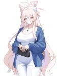  1girl absurdres akira_(blue_archive) animal_ear_fluff animal_ears bag blue_archive breasts casual cat_ears cat_girl colored_eyelashes commentary_request halo handbag highres holding holding_bag jewelry kurochomo large_breasts long_hair looking_at_viewer pants pendant pink_halo smile solo white_background white_eyelashes white_pants 