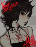  1girl bags_under_eyes bansheeiso black_hair black_tank_top blood blood_on_face blood_splatter commentary commission english_commentary face_piercing fang hair_horns head_tilt highres jewelry looking_at_viewer necklace nose_piercing nosebleed original piercing red_eyes short_hair solo spaghetti_strap tank_top 
