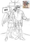  2boys :t commentary curtained_hair dalchi09 english_commentary feathered_wings full_body glasses halo hand_on_another's_shoulder highres horns jacket kim_dokja male_focus multiple_boys official_alternate_costume omniscient_reader's_viewpoint outdoors photo-referenced photo_inset road sandals shorts sign standing suitcase thumbs_up uriel_(omniscient_reader's_viewpoint) white_wings wings yoo_joonghyuk 