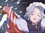  2girls animal_ears bow braid brown_hair brown_scarf cat_ears chen closed_eyes commentary_request facing_viewer green_bow green_hat grey_hair hair_bow hand_on_own_head hat izayoi_sakuya knife long_hair long_sleeves maid_headdress meme mob_cap multiple_girls naoya_hitting_choso_without_looking_(meme) necono_(nekonosora1207) open_mouth perfect_cherry_blossom red_skirt red_vest scarf shirt skirt smile throwing touhou translation_request twin_braids vest white_shirt 