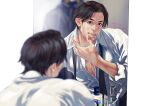  1boy black_hair brushing_another's_teeth commentary_request dress_shirt facial_hair goatee highres male_focus mirror morning necktie nicacu reflection ryuu_ga_gotoku_(series) ryuu_ga_gotoku_4 shirt solo tanimura_masayoshi toothbrush toothbrush_in_mouth toothpaste undone_necktie 