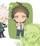  2boys ahoge black_pants brown_hair brown_shoes chibi collared_shirt commentary_request danganronpa_(series) danganronpa_2:_goodbye_despair green_background green_eyes green_jacket green_necktie gun highres hinata_hajime holding holding_gun holding_weapon jacket komaeda_nagito male_focus messy_hair multiple_boys necktie open_clothes open_jacket pants shirt shoes short_hair sweatdrop teeth weapon white_background white_hair white_shirt white_shoes youko-shima 