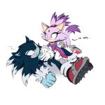  ... 1boy 1girl animal_ears blaze_the_cat blue_fur cat_ears cat_girl cat_tail fang forehead_jewel fur-trimmed_gloves fur_trim furry furry_female furry_male gloves green_eyes highres ponytail purple_fur shoes simple_background sonic_(series) sonic_the_hedgehog sonic_the_werehog spiked_shoes spikes tail white_background white_gloves yellow_eyes zhymfu 