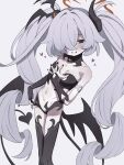  1girl absurdres black_horns black_thighhighs black_wings blue_archive blush brown_eyes commentary_request demon_girl demon_horns demon_tail grey_background hair_over_one_eye halo highres horns kanoe_(blue_archive) long_hair looking_at_viewer low_wings navel official_alternate_costume red_halo smile solo standing stomach tail take_mawile thighhighs very_long_hair wings 