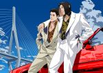  1980s_(style) 2boys arm_around_shoulder black_hair bob_cut bridge car chain_print cigarette cloud commentary_request hand_in_pocket highres holding holding_cigarette kiryu_kazuma male_focus motor_vehicle multiple_boys nicacu nishikiyama_akira parted_bangs pinstripe_pattern pinstripe_suit red_car retro_artstyle ryuu_ga_gotoku_(series) ryuu_ga_gotoku_0 shirt sky suit suspension_bridge white_shirt 