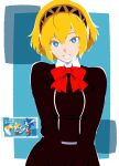  1girl aigis_(persona) android black_jacket black_skirt blonde_hair blue_background blue_eyes border bow bowtie breasts bright_pupils commentary cowboy_shot damonfive0 english_commentary gekkoukan_high_school_uniform gold_hairband hair_between_eyes hairband highres jacket karasuno_yui_(style) long_sleeves looking_at_viewer outside_border persona persona_3 red_bow red_bowtie reference_inset robot_ears school_uniform short_hair sidelocks skirt smile solo_focus sonic_(series) sonic_the_hedgehog tails_(sonic) v_arms white_border white_pupils wing_collar 