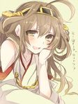  ahoge blush brown_eyes brown_hair hand_on_own_cheek it's_ok_to_touch kantai_collection kongou_(kantai_collection) nontraditional_miko solo translated uru_uzuki 