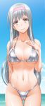  alternate_costume arm_behind_back ass_visible_through_thighs bikini blush breast_suppress breasts brown_eyes byeontae_jagga cleavage collarbone colored_eyelashes cowboy_shot day eyebrows_visible_through_hair hairband halter_top halterneck highres kantai_collection large_breasts long_hair looking_at_viewer navel o-ring o-ring_bottom o-ring_top outdoors shiny shiny_skin shoukaku_(kantai_collection) silver_bikini silver_hair skindentation smile solo string_bikini swimsuit thigh_gap 