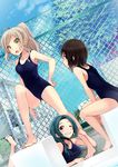  ahoge aqua_hair bare_legs barefoot black_hair blonde_hair blue_sky blush breasts brown_eyes building chain-link_fence commentary_request day dutch_angle fence green_eyes green_hair grin hair_tie hand_on_hip highres long_hair looking_at_viewer looking_back lying medium_breasts mirai_denki multiple_girls on_stomach one-piece_swimsuit one_eye_closed open_mouth original outdoors ponytail pool poolside red_eyes school_swimsuit short_hair sitting sky smile standing swimsuit taut_clothes taut_swimsuit tree 