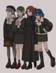  4girls bag beret black_boots black_coat black_jacket black_shoes black_skirt black_socks black_theme blue_eyes blue_hair boots bow braid brown_hair coat commentary cup eyewear_on_head full_body glasses gloves green_eyes green_hair hair_ornament hairclip handbag hat highres holding holding_bag holding_cup inazuma_eleven inazuma_eleven_(series) jacket kino_aki kudou_fuyuka light_blush long_coat long_hair multiple_girls open_mouth otonashi_haruna pantyhose purple_hair raimon_natsumi red-framed_eyewear red_bow red_eyes red_gloves red_shirt red_shoes red_socks sea_raino shirt shoes short_hair skirt socks white_shirt 