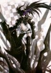  1girl absurdres armor belt belt_skirt black_choker black_hair black_rock_shooter chain choker fire flaming_eye gauntlets greaves highres huge_weapon insane_black_rock_shooter kuon_(kwonchanji) long_hair loose_belt purple_eyes purple_fire scar stitches twintails uneven_twintails weapon 