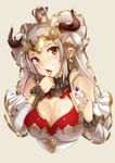  aliza_(granblue_fantasy) bangs breasts cake cleavage cleavage_cutout crown detached_sleeves draph earrings eating food food_on_face granblue_fantasy hair_ornament hair_pulled_back headgear horns jewelry large_breasts licking mini_crown open_mouth parted_bangs pointy_ears red_eyes silver_hair simple_background solo tongue tongue_out upper_body wakamesan 