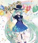  1girl 2013 aqua_eyes aqua_hair balloon black_jacket blue_dress boots card commentary_request dress gem gloves green_gem hair_between_eyes hair_ornament hat hatsune_miku highres holding holding_wand jacket kitton_(hekiku13) knee_boots long_hair magical_mirai_(vocaloid) magical_mirai_miku magical_mirai_miku_(2013) official_alternate_costume official_alternate_hairstyle open_mouth puffy_short_sleeves puffy_sleeves short_sleeves smile solo top_hat twintails very_long_hair vocaloid wand white_boots white_gloves 