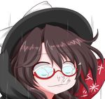  blank_eyes broken_eyewear brown_hair cape clothes_writing face glasses guilty_gear guilty_gear_xrd hat oden_(th-inaba) parody semi-rimless_eyewear short_hair simple_background sin_kiske solo spitting style_parody touhou under-rim_eyewear upper_body usami_sumireko white_background 