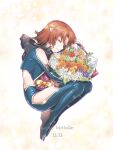  1girl blue_bodysuit bodysuit bouquet closed_eyes closed_mouth commentary_request dated full_body happy_birthday holding holding_bouquet mecha_pilot_suit nagi_(exsit00) orange_hair short_hair smile solo soukyuu_no_fafner synergetic_suit toomi_maya 