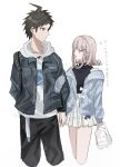  1boy 1girl ahoge bare_shoulders black_pants brown_hair commentary_request danganronpa_(series) danganronpa_2:_goodbye_despair dontsu_(illu5i0ns) grabbing_another's_arm hair_ornament highres hinata_hajime hood hood_down hoodie jacket long_sleeves medium_hair nanami_chiaki off_shoulder official_alternate_costume open_clothes open_jacket pants pleated_skirt shirt short_hair simple_background skirt translation_request white_hoodie 