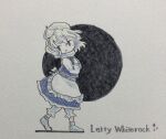  1girl apron blue_skirt blue_vest character_name circle full_body highres letty_whiterock matsumoto_oka medium_hair skirt solo touhou vest waist_apron white_apron white_background white_hair 