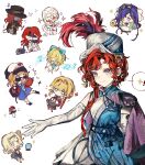  ! !! 3boys 6+girls aleph_(reverse:1999) anger_vein apple apple_(reverse:1999) aqua_bow arm_behind_back bandaged_head bandages barcarola_(reverse:1999) beamed_eighth_notes black_hat black_mask blonde_hair blue_dress blue_eyes blue_hair bow brown_hair cape chibi chibi_inset colored_inner_hair commentary_request covered_face crystal_ball dress eighth_note elbow_gloves food fruit full_body gloves hair_bow hat hat_feather highres kiperina long_hair lorelei_(reverse:1999) matilda_bouanich merlin_(reverse:1999) multicolored_hair multiple_boys multiple_girls musical_note musical_staff newsboy_cap purple_cape red_hair regulus_(reverse:1999) reverse:1999 shako_cap sleeveless sleeveless_dress smile speech_bubble spoken_sparkle star_(symbol) sunglasses the_idealist_(reverse:1999) two-tone_dress upper_body voyager_(reverse:1999) voyager_golden_record white_background white_dress white_gloves white_hat youmo_yinzi 