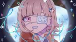  1girl collared_shirt commentary_request danganronpa_(series) danganronpa_3_(anime) dong_li eyepatch grin hair_ornament jacket long_sleeves medical_eyepatch medium_hair nanami_chiaki pink_hair portrait shirt short_hair smile sparkle 