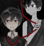  2boys alternate_eye_color antenna_hair black_eyes black_hair black_nails black_sweater_vest black_tank_top collarbone collared_shirt colored_skin commentary double-parted_bangs dual_persona english_commentary hair_between_eyes male_focus multiple_boys nervous_smile nervous_sweating nill_(nill) omori omori_(omori) open_mouth red_eyes shirt short_hair smile sunny_(omori) sweat sweater_vest tank_top white_shirt white_skin 