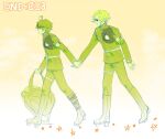  2boys ahoge aotsuki_eito armband backpack bag belt boots buttons commentary_request from_side full_body gakuran geta gloves green_theme height_difference highres holding holding_bag holding_hands hole_in_chest hole_on_body jacket knee_boots last_defense_academy_school_uniform male_focus monochrome multicolored_hair multiple_boys pants porio school_uniform short_hair star_(symbol) streaked_hair sumino_takumi sunglasses the_hundred_line_-last_defense_academy- thigh_strap two-tone_hair walking yellow_background 