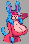 animal_humanoid anthro blue_ears blue_hair blue_hands blue_tail breasts classy cleavage cleavage_cutout clothed clothing context_at_source context_in_descripton cutout dress eeveelution enlarged_breasts female generation_6_pokemon hair hi_res humanoid humanoid_hands lagomorph lagomorph_humanoid leporid_humanoid looking_at_viewer mammal mammal_humanoid mochfun2 mochi_(mochfun2) nintendo pink_body pink_hair pokemon pokemon_(species) pokemorph red_clothing red_dress ribbons sagging_breasts seductive shaded simple_background smile smiling_at_viewer solo sylveon tail tan_eyes thick_thighs waist