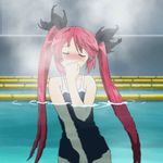  1girl animated animated_gif blush cowboy_shot cthugha_(nyaruko-san) eyes_closed hair_ornament haiyore!_nyaruko-san indoors long_hair one-piece_swimsuit partially_submerged pool red_hair school_swimsuit solo standing steam swimsuit twintails water 