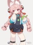  1girl :3 ahoge animal_ear_fluff animal_ears bismuthoekaki braid dated furry furry_female highres holding holding_pen long_hair pen pink_hair simple_background solo twin_braids zenless_zone_zero zhao_(zenless_zone_zero) 